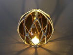 Tabletop LED Lighted Amber Japanese Glass Ball Fishing Float with White Netting Decoration 6"
