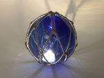 Tabletop LED Lighted Dark Blue Japanese Glass Ball Fishing Float with Brown Netting Decoration 6"