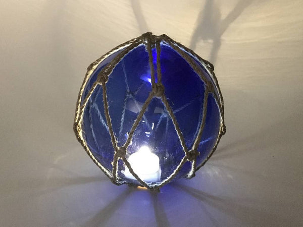 Tabletop LED Lighted Dark Blue Japanese Glass Ball Fishing Float with Brown Netting Decoration 6"