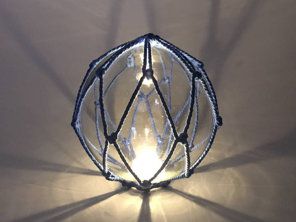 Tabletop LED Lighted Clear Japanese Glass Ball Fishing Float with Blue Netting Decoration 6"