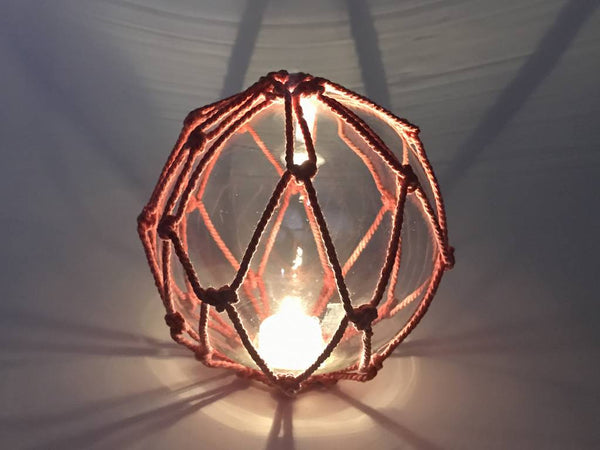 Tabletop LED Lighted Clear Japanese Glass Ball Fishing Float with Red Netting Decoration 6"