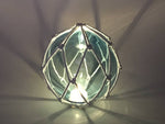 Tabletop LED Lighted Light Blue Japanese Glass Ball Fishing Float with White Netting Decoration 6"