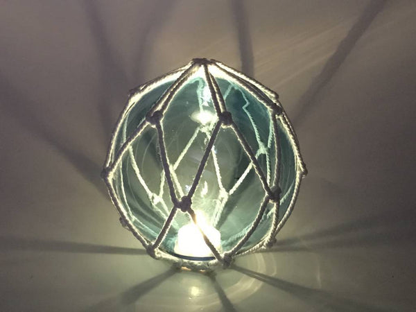 Tabletop LED Lighted Light Blue Japanese Glass Ball Fishing Float with White Netting Decoration 6"