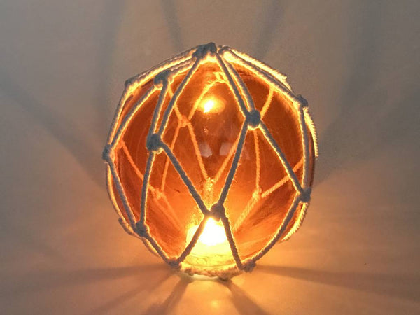 Tabletop LED Lighted Orange Japanese Glass Ball Fishing Float with White Netting Decoration 6"
