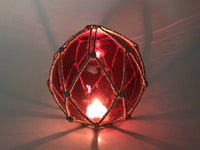 Tabletop LED Lighted Red Japanese Glass Ball Fishing Float with Brown Netting Decoration 6"