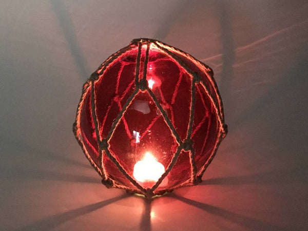 Tabletop LED Lighted Red Japanese Glass Ball Fishing Float with Brown Netting Decoration 6"