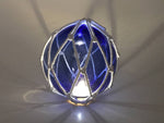 Tabletop LED Lighted Dark Blue Japanese Glass Ball Fishing Float with White Netting Decoration 6"