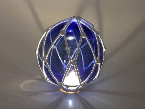 Tabletop LED Lighted Dark Blue Japanese Glass Ball Fishing Float with White Netting Decoration 6"