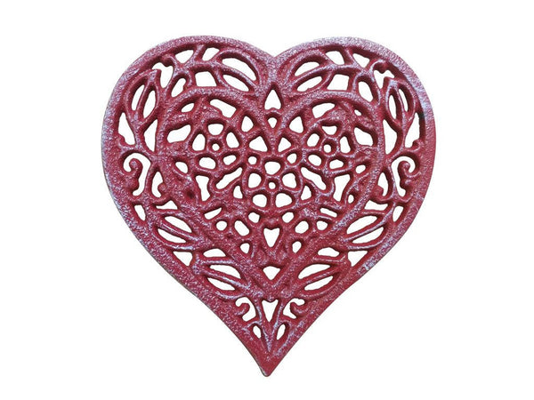 Rustic Red Whitewashed Cast Iron Heart Shaped Trivet 7"