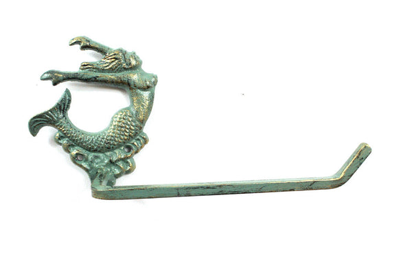 Antique Seaworn Bronze Cast Iron Decorative Arching Mermaid Toilet Paper Holder 11"