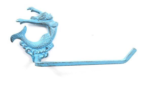 Rustic Light Blue Cast Iron Decorative Arching Mermaid Toilet Paper Holder 11"