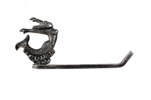 Rustic Silver Cast Iron Decorative Arching Mermaid Toilet Paper Holder 11"
