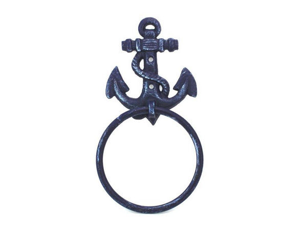Rustic Dark Blue Cast Iron Anchor Towel Holder 8.5"