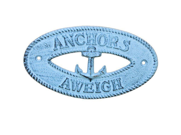 Dark Blue Whitewashed Cast Iron Anchors Aweigh with Anchor Sign 8"