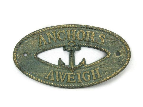 Antique Bronze Cast Iron Anchors Aweigh with Anchor Sign 8"