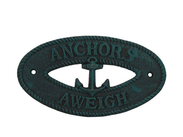 Seaworn Blue Cast Iron Anchors Aweigh with Anchor Sign 8"