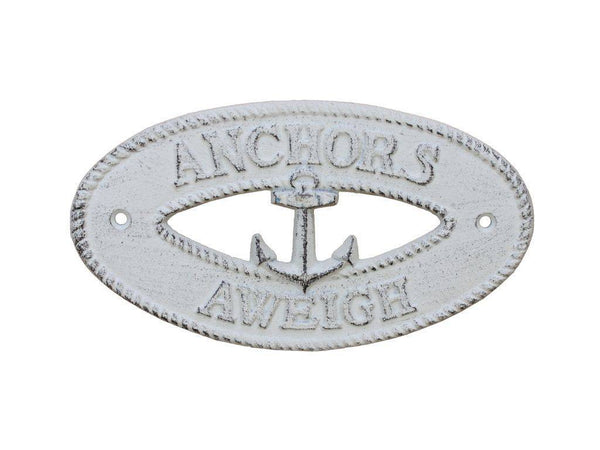 Whitewashed Cast Iron Anchors Aweigh with Anchor Sign 8"