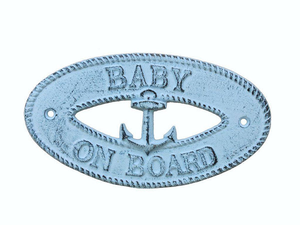 Dark Blue Whitewashed Cast Iron Baby on Board with Anchor Sign 8"