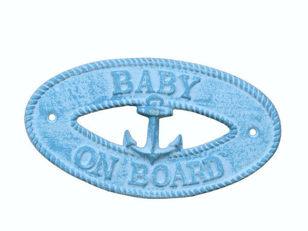 Light Blue Whitewashed Cast Iron Baby on Board with Anchor Sign 8"