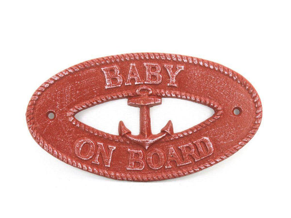 Red Whitewashed Cast Iron Baby on Board with Anchor Sign 8"