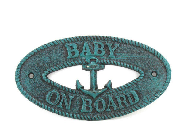 Seaworn Blue Cast Iron Baby on Board with Anchor Sign 8"