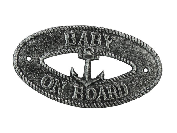 Antique Silver Cast Iron Baby on Board with Anchor Sign 8"