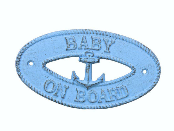 Rustic Light Blue Cast Iron Baby on Board with Anchor Sign 8"