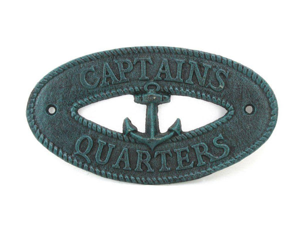 Seaworn Blue Cast Iron Captains Quarters with Anchor Sign 8"