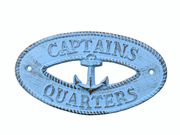 Rustic Light Blue Cast Iron Captains Quarters with Anchor Sign 8"