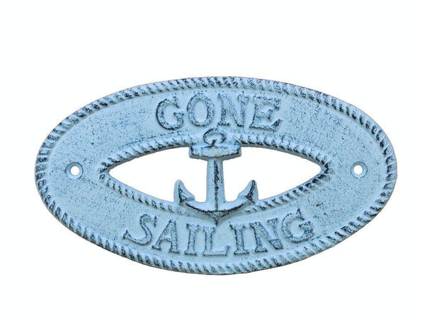 Dark Blue Whitewashed Cast Iron Gone Sailing with Anchor Sign 8"
