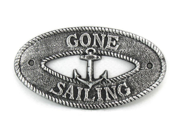 Antique Silver Cast Iron Gone Sailing with Anchor Sign 8"