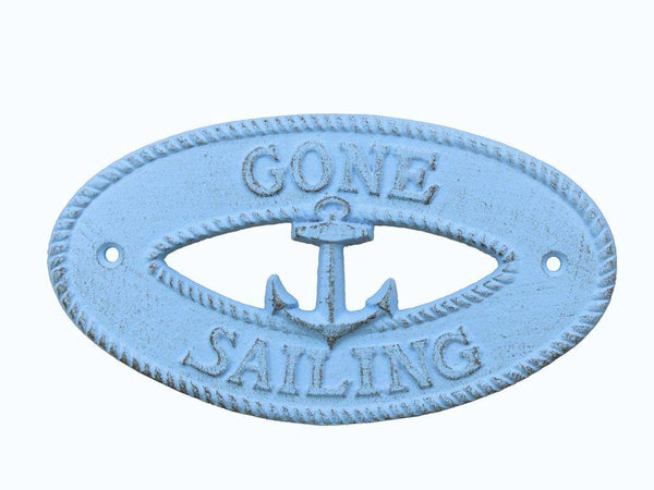 Rustic Light Blue Cast Iron Gone Sailing with Anchor Sign 8"