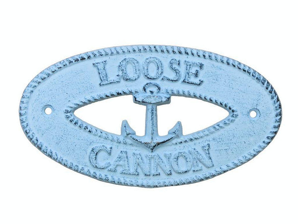 Dark Blue Whitewashed Cast Iron Loose Cannon with Anchor Sign 8"