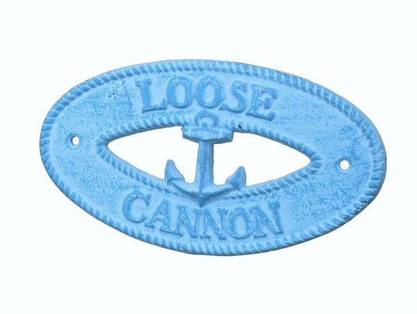 Light Blue Whitewashed Cast Iron Loose Cannon with Anchor Sign 8"