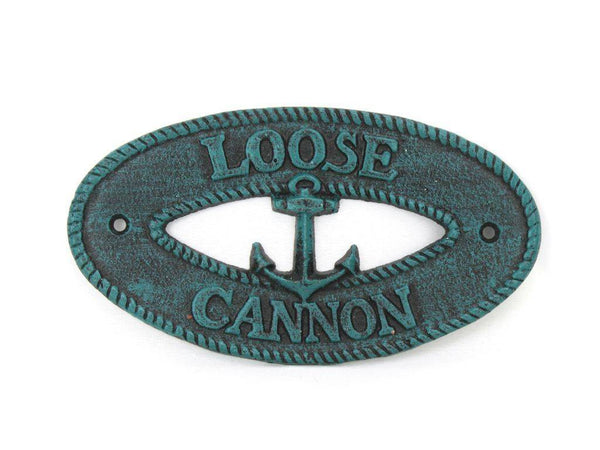 Seaworn Blue Cast Iron Loose Cannon with Anchor Sign 8"