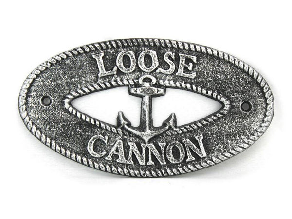 Antique Silver Cast Iron Loose Cannon with Anchor Sign 8"