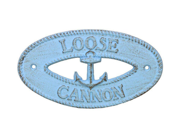 Rustic Light Blue Cast Iron Loose Cannon with Anchor Sign 8"