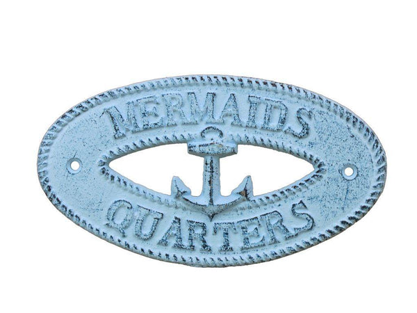 Dark Blue Whitewashed Cast Iron Mermaids Quarters with Anchor Sign 8"