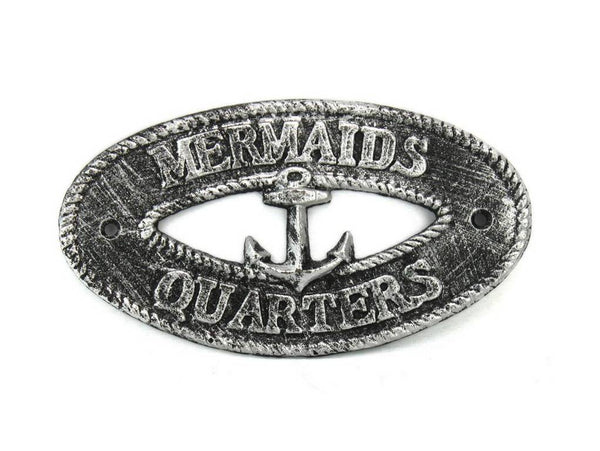 Antique Silver Cast Iron Mermaids Quarters with Anchor Sign 8"
