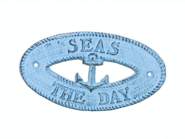 Dark Blue Whitewashed Cast Iron Seas the Day with Anchor Sign 8"