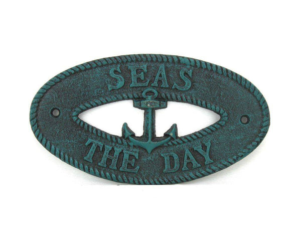 Seaworn Blue Cast Iron Seas the Day with Anchor Sign 8"