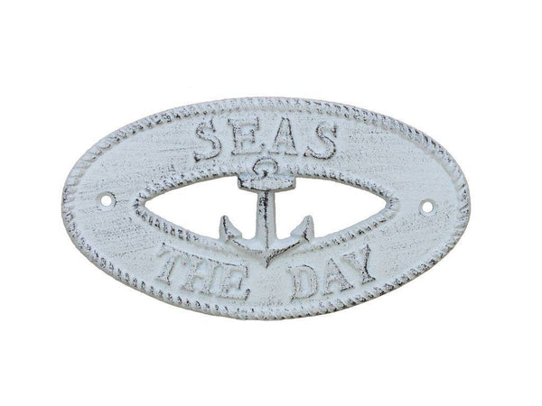 Whitewashed Cast Iron Seas the Day with Anchor Sign 8"