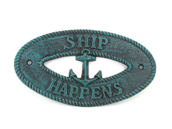 Seaworn Blue Cast Iron Ship Happens with Anchor Sign 8"
