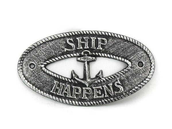 Antique Silver Cast Iron Ship Happens with Anchor Sign 8"