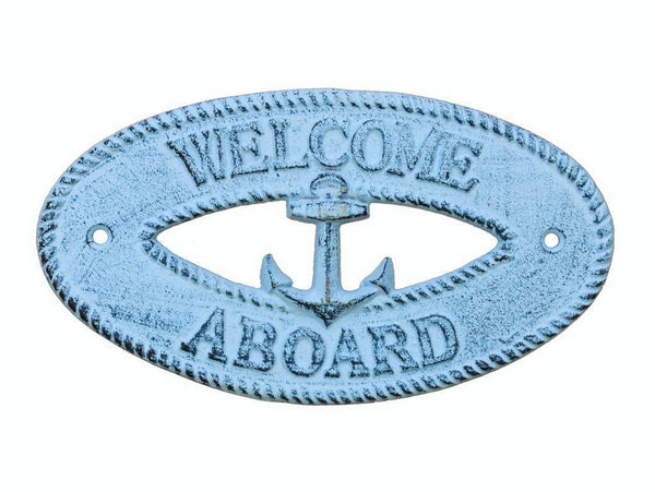 Dark Blue Whitewashed Cast Iron Welcome Aboard with Anchor Sign 8"