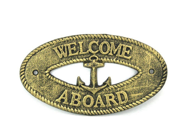 Antique Gold Cast Iron Welcome Aboard with Anchor Sign 8"