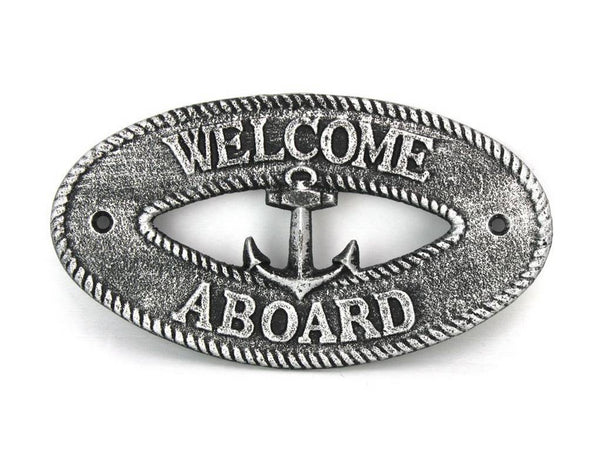 Antique Silver Cast Iron Welcome Aboard with Anchor Sign 8"