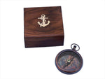 Antique Copper Beveled Lensatic Compass w/ Rosewood Box 4"