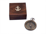 Antique Brass Beveled Lensatic Compass w/ Rosewood Box 4"