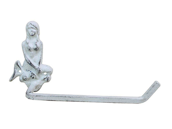 Whitewashed Cast Iron Mermaid Toilet Paper Holder 10"